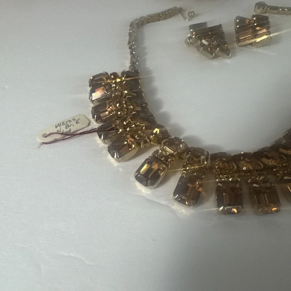 A Vintage Weiss Set in‎ Amber Rhinestones and Goldtone Necklace Bracelet Earring